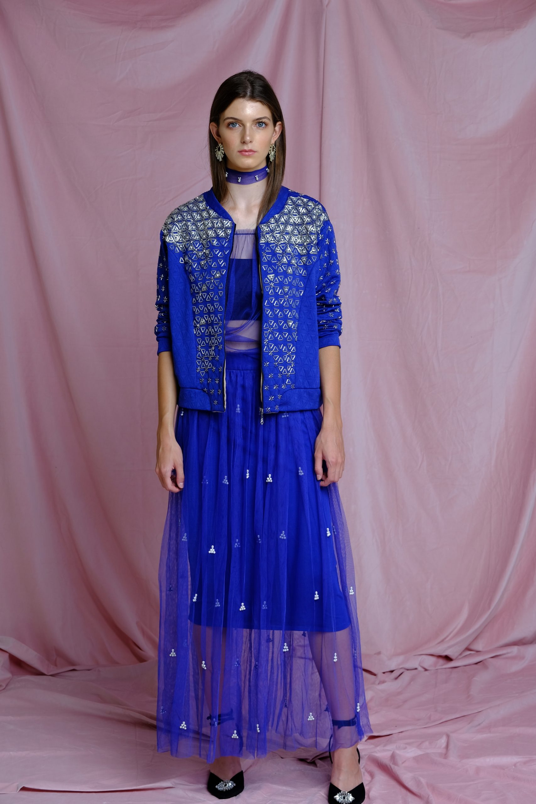 Blue Cobalt Bomber Jacket with Silver Embroidery