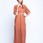 Tan Brown T shirt Dress With Pearl Belt image 2