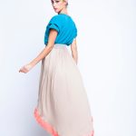 Blue Teal top And Beige skirt Twin Set With Orange Lace image 3