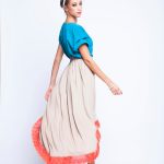 Blue Teal top And Beige skirt Twin Set With Orange Lace image 4