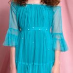 Turquoise Adjustable Offshoulder Tulle Princess Dress with Pearls image 1