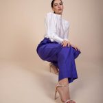 Agatha Fitted, High- waist, Wide -Legs Trousers in vivid ultra violet ribbed woven fabric image 2
